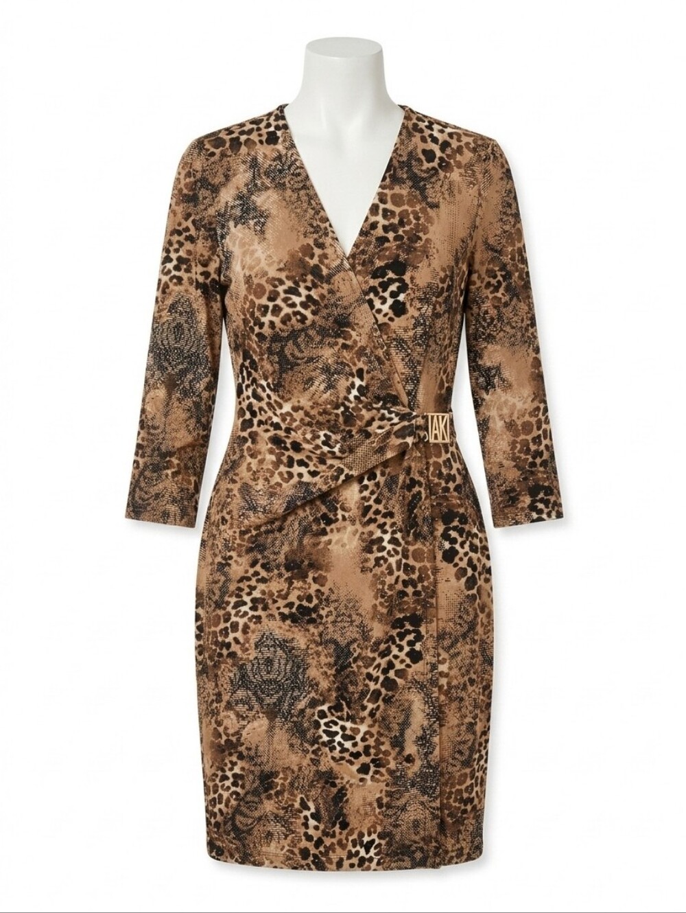 AK Anne Klein Animal Print Faux Wrap Dress Size 4 (S) - Gold Logo Buckle
